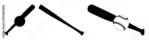 Baseball bat and ball set with black silhouette on white background featuring sports equipment, athletics, game with iconography and illustration