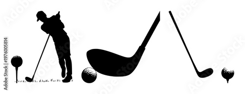 Golf club and ball set with black silhouette design featuring sports equipment, leisure activity, and recreation with golf game and athletic gear