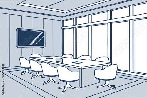 A minimalist illustration of a modern conference room with a large table and chairs