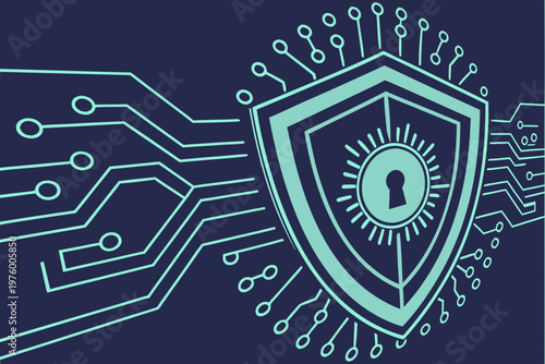 A vector graphic illustration of a shield with a keyhole and circuit board design elements on a dark blue background