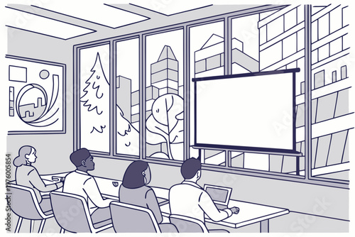A minimalist line art illustration of a business meeting in a modern conference room with a city view