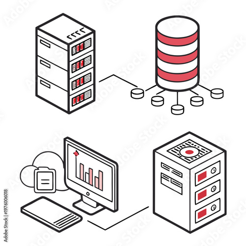 A vector graphic illustration of computer servers and data storage devices in a modern design