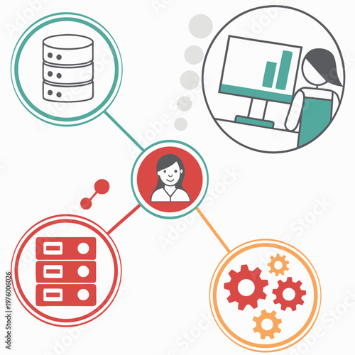 A vector graphic illustrating a person connected to various computer and gear icons representing technology and data