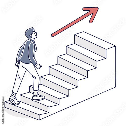 A man climbing a staircase with an upward arrow indicating progress and success