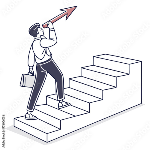 A businessman standing on stairs looking up at a red arrow pointing upwards, symbolizing career growth and success