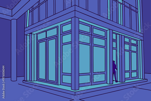 A modern building with large windows and a person standing inside a blue-lit interior