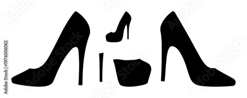 High heel shoe set with a black silhouette on a stark white background featuring fashion, footwear, luxury with silhouette and elegance