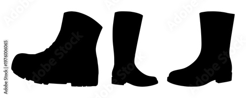 Boot set with single black silhouette on white background design featuring footwear, line art, silhouette with black color and white background