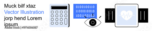 Technology, data interpretation, health monitoring, security, analytics, innovation. Calculator, binary code eye graphic and smartwatch with heart symbol. Data interpretation and health monitoring