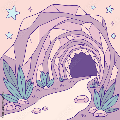 A vibrant purple tunnel with a winding path and plants, set against a pink background with stars