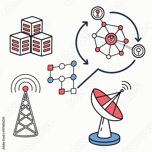 A vector graphic illustrating a network communication system with satellite and server components