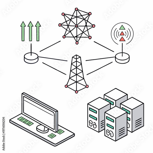 A vector graphic illustrating a network infrastructure with a laptop, servers, and communication towers