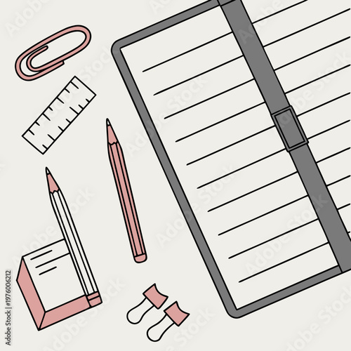A vector graphic illustration of a notebook and office supplies on a desk