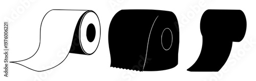 Toilet paper roll set with black silhouette on white background featuring bathroom, hygiene, paper core with illustration and vector