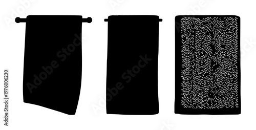 Bath towel set with black silhouette against white background featuring bath towel, towel, linen with monochrome and silhouette