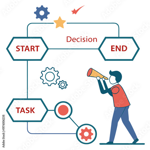 A vector graphic illustration of a man using a megaphone in a flowchart design
