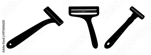Razor set with black silhouette design featuring shaving, hygiene, grooming with sharp blade and handle