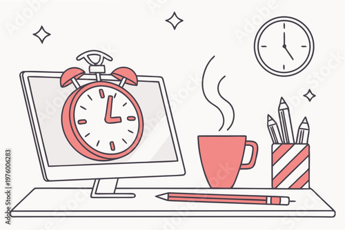 A vector graphic illustration of a computer desk with a clock, coffee cup, and office supplies