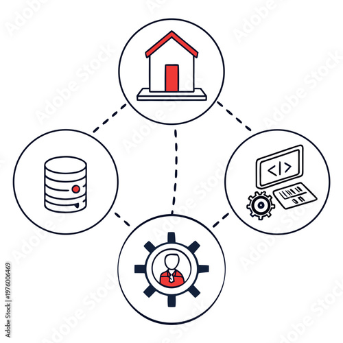 A vector graphic illustrating a network of interconnected icons representing home, database, coding, and teamwork