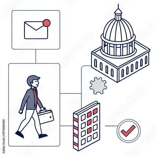 A vector graphic illustration of a businessman interacting with government and communication icons