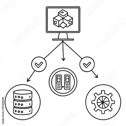A vector graphic illustrating a computer system with a monitor, server, database, and settings icon
