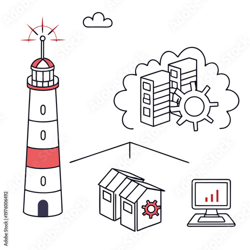 A vector graphic illustrating a lighthouse guiding a warehouse and computer towards a cloud-based server and gear