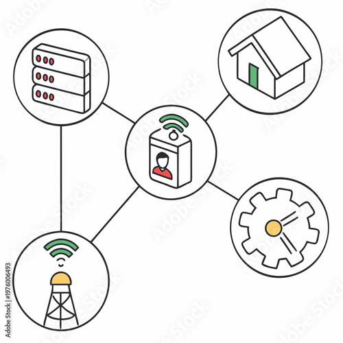 A vector graphic illustrating a network connection between various devices and systems