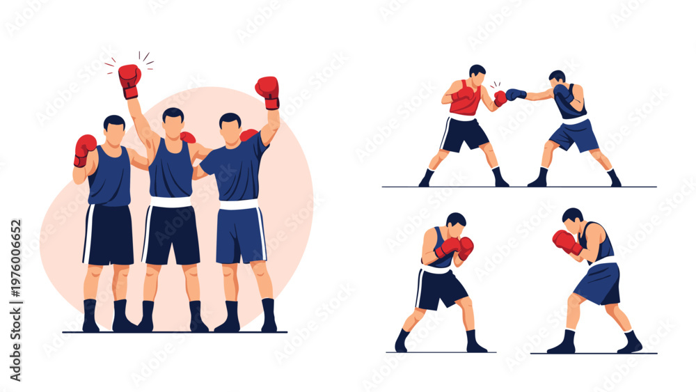 Fototapeta premium Boxing sports illustration set featuring a group of three victorious boxers and individual athletes in various fighting and training stances.