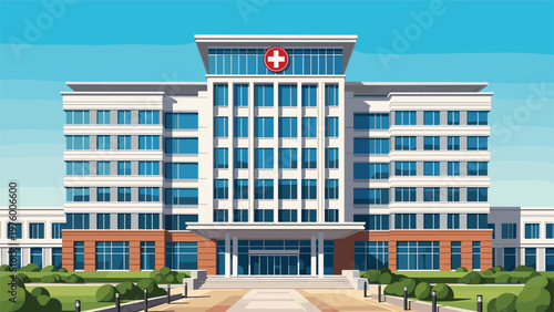 Exterior view of a large modern multi-story hospital building with a red medical cross logo under a clear blue sky.