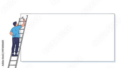 Male industrial worker standing on a tall silver ladder and using a hammer to fix a giant blank white billboard or outdoor sign.