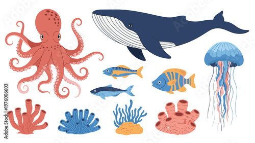 Underwater life collection featuring a whale, octopus, jellyfish, colorful fish, and various types of coral and sponges.