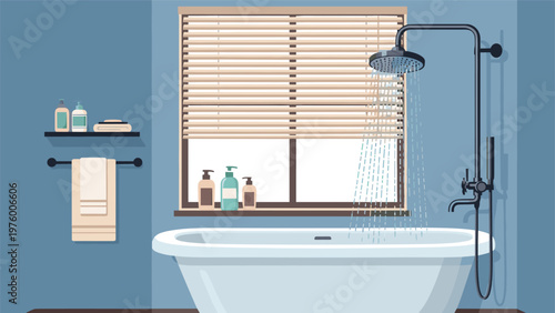 Modern bathroom interior featuring a white clawfoot bathtub with a running shower head and a large window with wooden blinds.