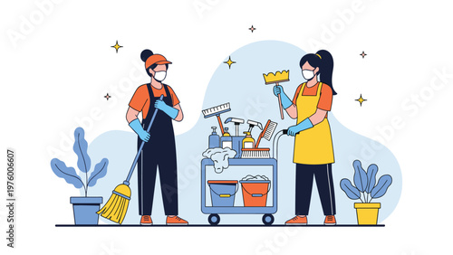 Professional cleaners wearing face masks and protective gloves standing with a fully equipped cleaning supply cart in a modern space.