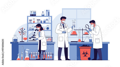 Medical researchers wearing white coats and masks working in a professional laboratory with microscopes, flasks, and test tubes.