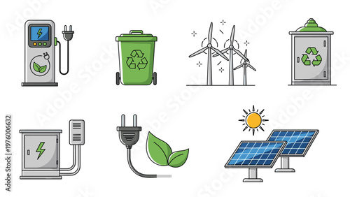 Sustainable energy and environment icons featuring a charging station, recycle bin, wind turbines, solar panels, and a green leaf plug.