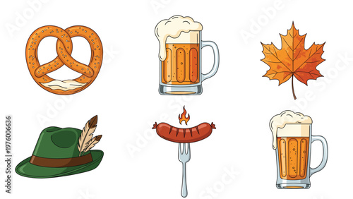 Collection of German Oktoberfest icons featuring beer mugs, a salty pretzel, a traditional hat, a grilled sausage, and a maple leaf.