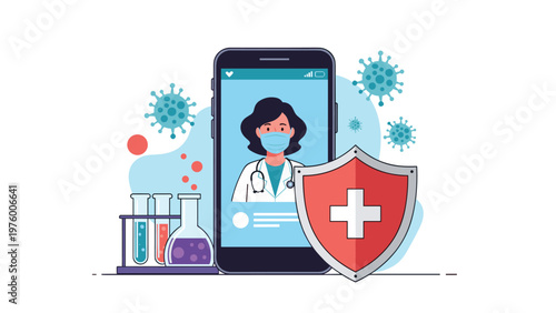 Telemedicine and online health concept featuring a smartphone screen with a female doctor in a mask and a protective shield icon.