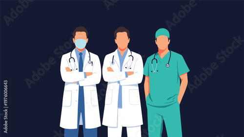 Group of three professional healthcare workers consisting of two doctors in white coats and one surgeon in green medical scrubs.