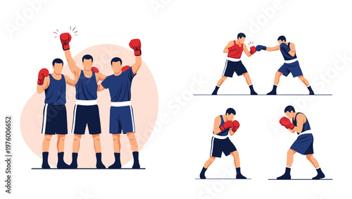 Boxing sports illustration set featuring a group of three victorious boxers and individual athletes in various fighting and training stances.