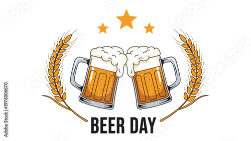 Two frothy beer mugs clinking together in a celebratory toast with golden wheat ears and bright stars on a white background.