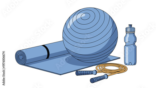 Home fitness and workout equipment set including a blue yoga mat, a large exercise ball, a jump rope, and a plastic water bottle.