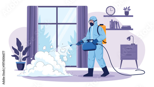 Specialist wearing a protective suit and mask disinfects a residential room using a sprayer to ensure a safe and clean environment.