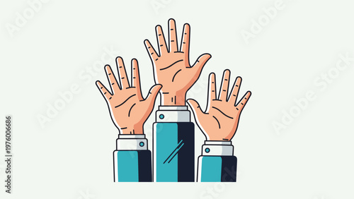 Three hands in blue shirt sleeves are raised high in the air, representing voting, volunteering, or active group participation.