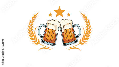 Two frothy mugs of beer clinking in a toast are framed by a golden laurel wreath and three stars on a clean white background.