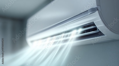 vent. Close-up of a modern silver air conditioner vent, crisp white streams of cool air flowing out. mobility guides, transit brochures, designed for transport & logistics marketing.