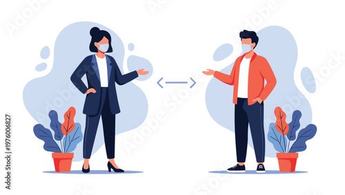 Man and a woman wearing protective face masks maintain social distance, indicated by a double-sided arrow between them.