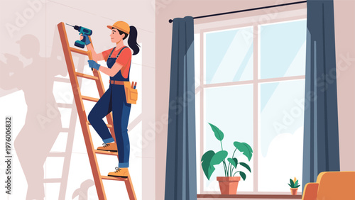 Woman wearing a hard hat and overalls stands on a wooden ladder while using a power drill for a home renovation project.