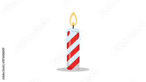 Single burning candle decorated with red and white diagonal stripes sitting on a small gray shadow background.
