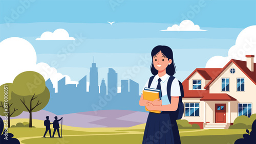 Smiling schoolgirl in uniform holding books while standing in front of a suburban house with a city skyline behind.