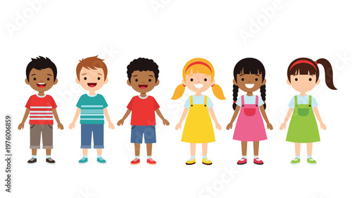Diverse group of six happy children standing together in a row smiling and wearing different colorful outfits.